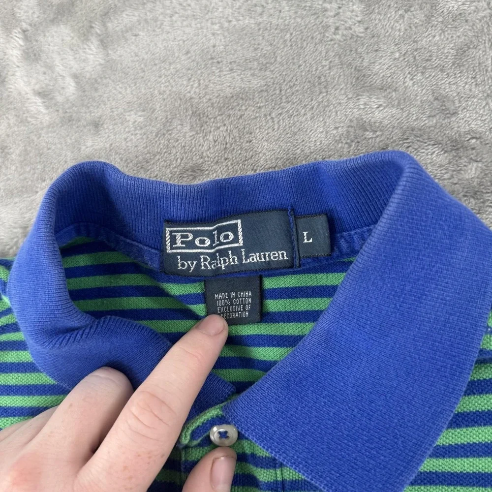VTG Polo Ralph Lauren Polo Shirt Mens Large Blue Green Stripe Pique Casual Logo